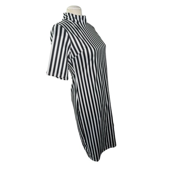 Black & White Vertical Striped Prisoner Jail Costume Dress With High Neck Short - Picture 9 of 10
